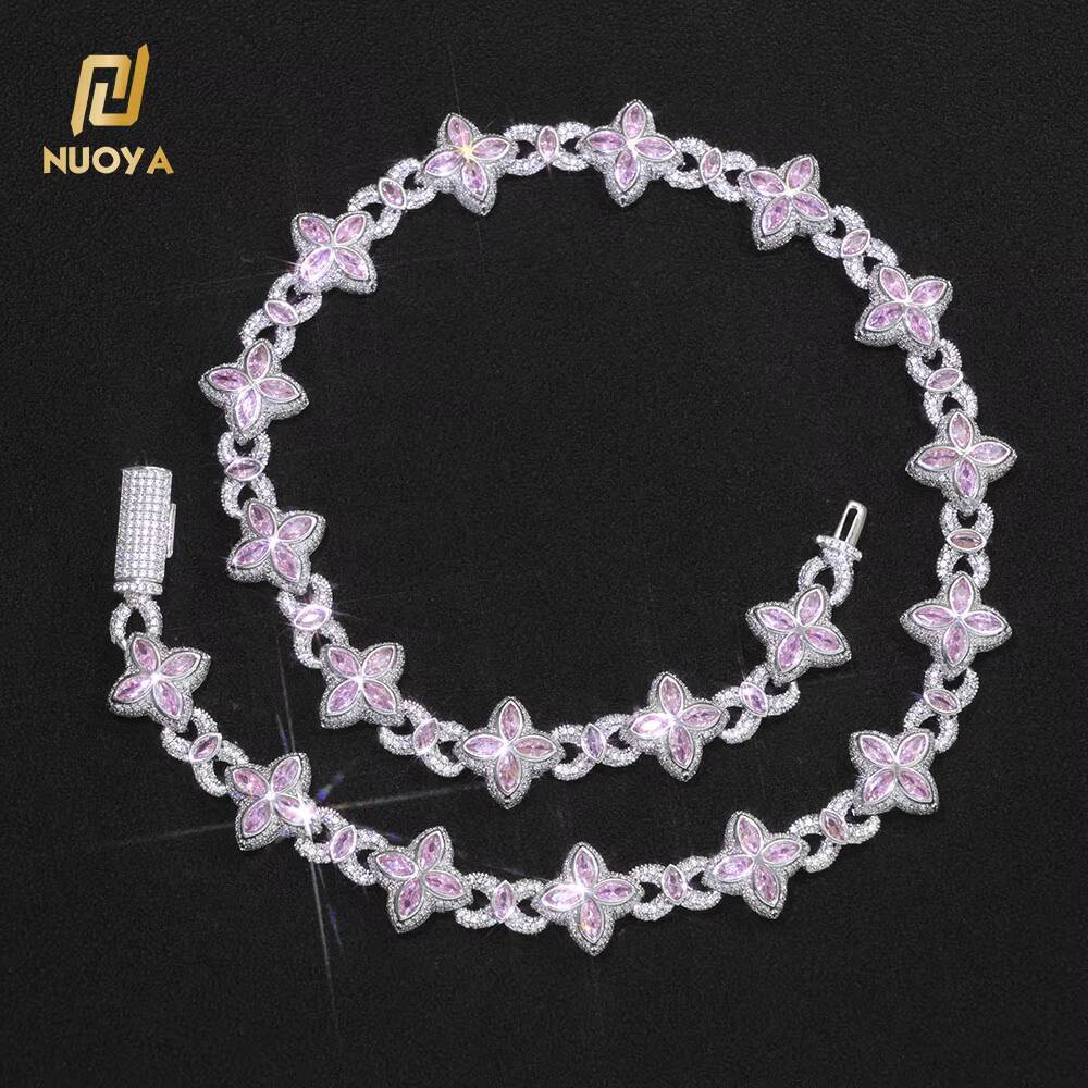 Laboratory cultivation of Moissanite Fine Jewelry Silver Plated Cuban Link Chain Colorful Eye Marquise Zircon Iced Out Diamond Four-Leaf Clover Chain 