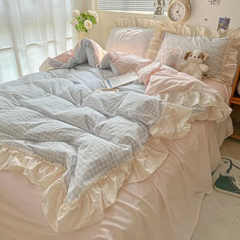 Korean Princess Style Bedding Set Soft Skin-friendly Lattice Lace Ruffles Quilt Cover Plaid Style Duvet Covers Set casesM251118