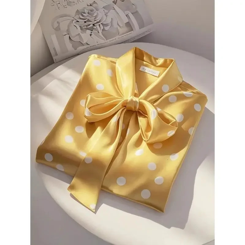 Elegant French Women High Quality Satin Polka Dot Print Shirt Office Lady Casual Chic Blouse Lace-up Bow Long Sleeve Loose Tops 250417