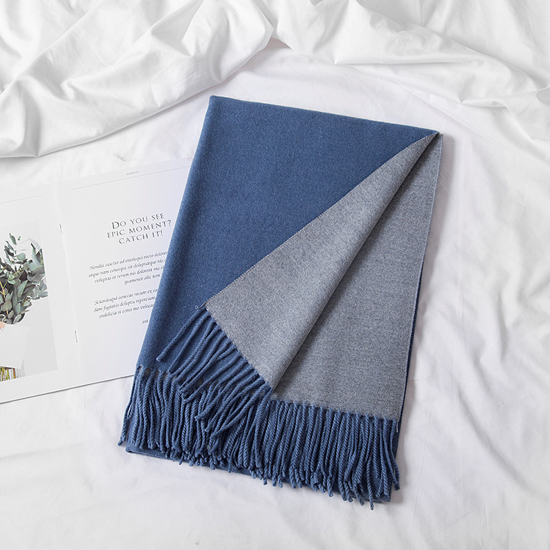 K427 New autumn and winter double-sided solid color imitation cashmere scarf thickened tassel ladies two-color warm shawl versatile neck scarf