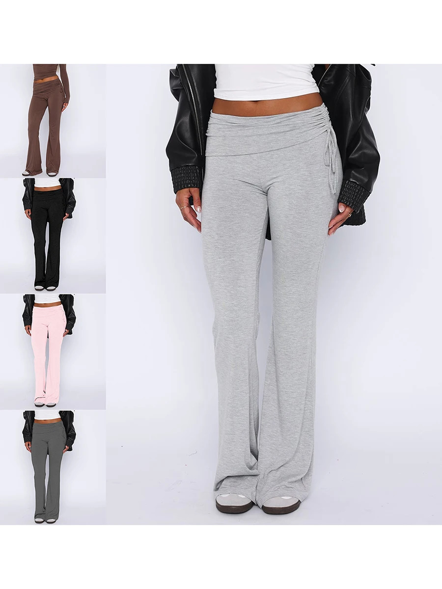 Womens Flare Leg Solid Color Side Drawstring Ruched Sweatpants 2000s Streetwear Gray Casual Loose Long Pants Z260314