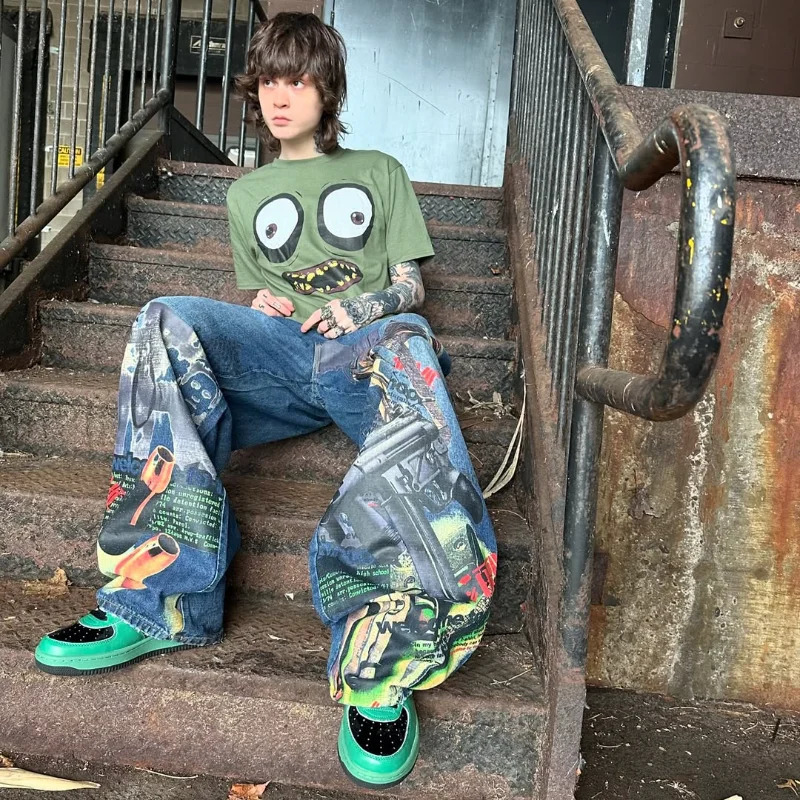 Y2K American High Street hip hop trend Loose T-shirt funny printed n elements top men Goth Harajuku oversized t shirt 250417