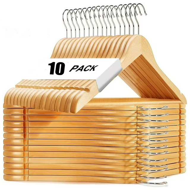 10 Pack Natural Wood Clothes Hangers, Durable Wooden Hangers for Coats, Jackets, Dresses, Pants, and Shirts