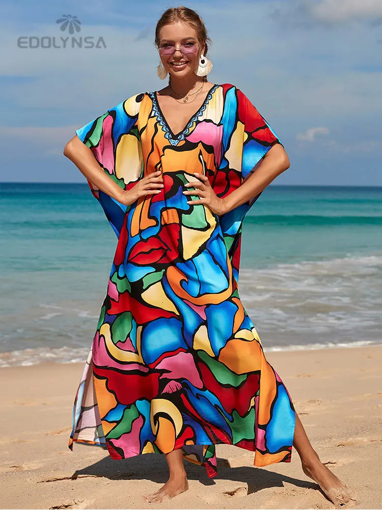 2023 Multi Color Kraft Tan Bohemian Printed Vneck Batwing Sleeve Street Dress Long Beach Swimsuit Cover Q1342 250415Z