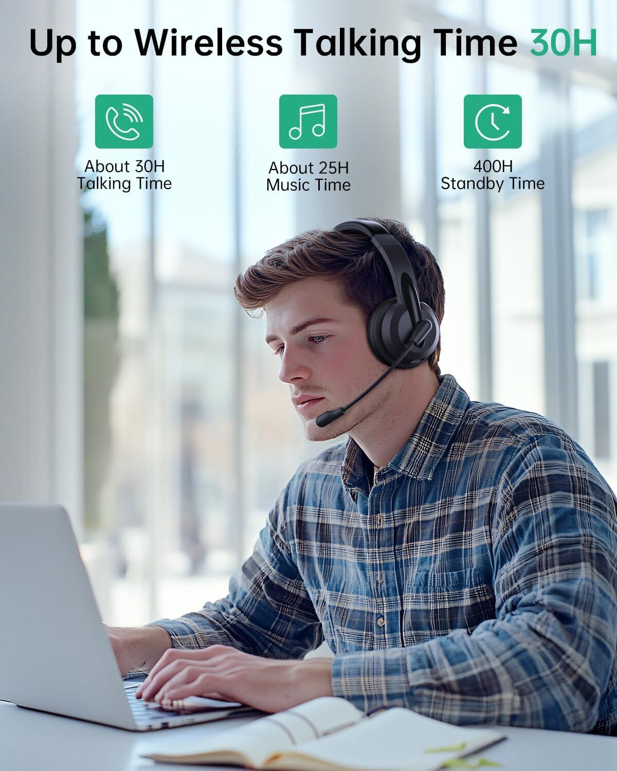Wireless Headset Work AI Noise Cancelg Clear Calls, Bluetooth V5.3 Headphones with Microphone to USB A/C Dongle & Mic Mute for Computer Laptop PC iPho