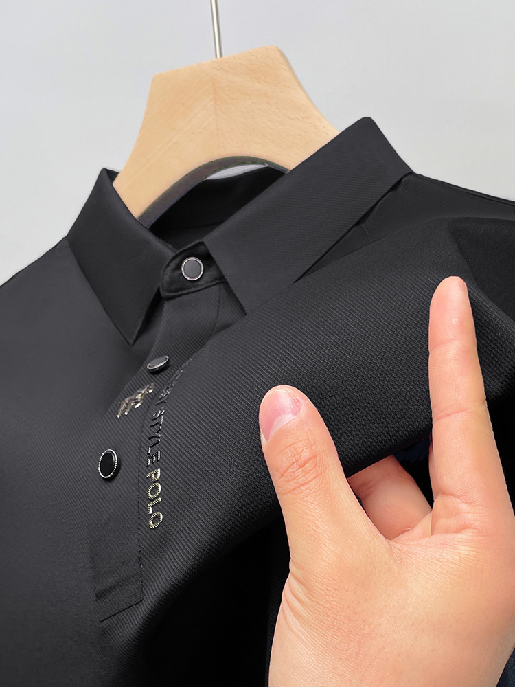 Summer Business Casual High-End Quality Short Sleeve Polo Shirt Solid Color Ice Silk Elasticity Printing Lapel Collar Clothing 240709