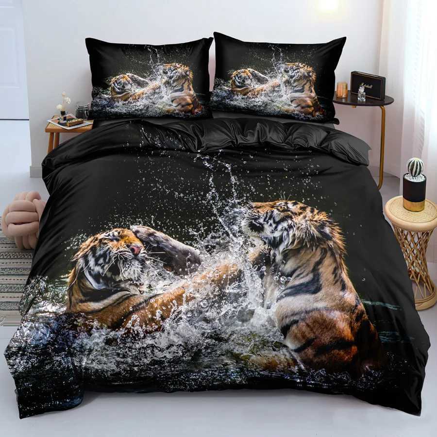 Lion Tiger King Queen Duvet Cover Lovely Wild Animals Bedding Set For Kids Teens Adults Wildlife Grey Black 2/3pcs Quilt CoverM251118