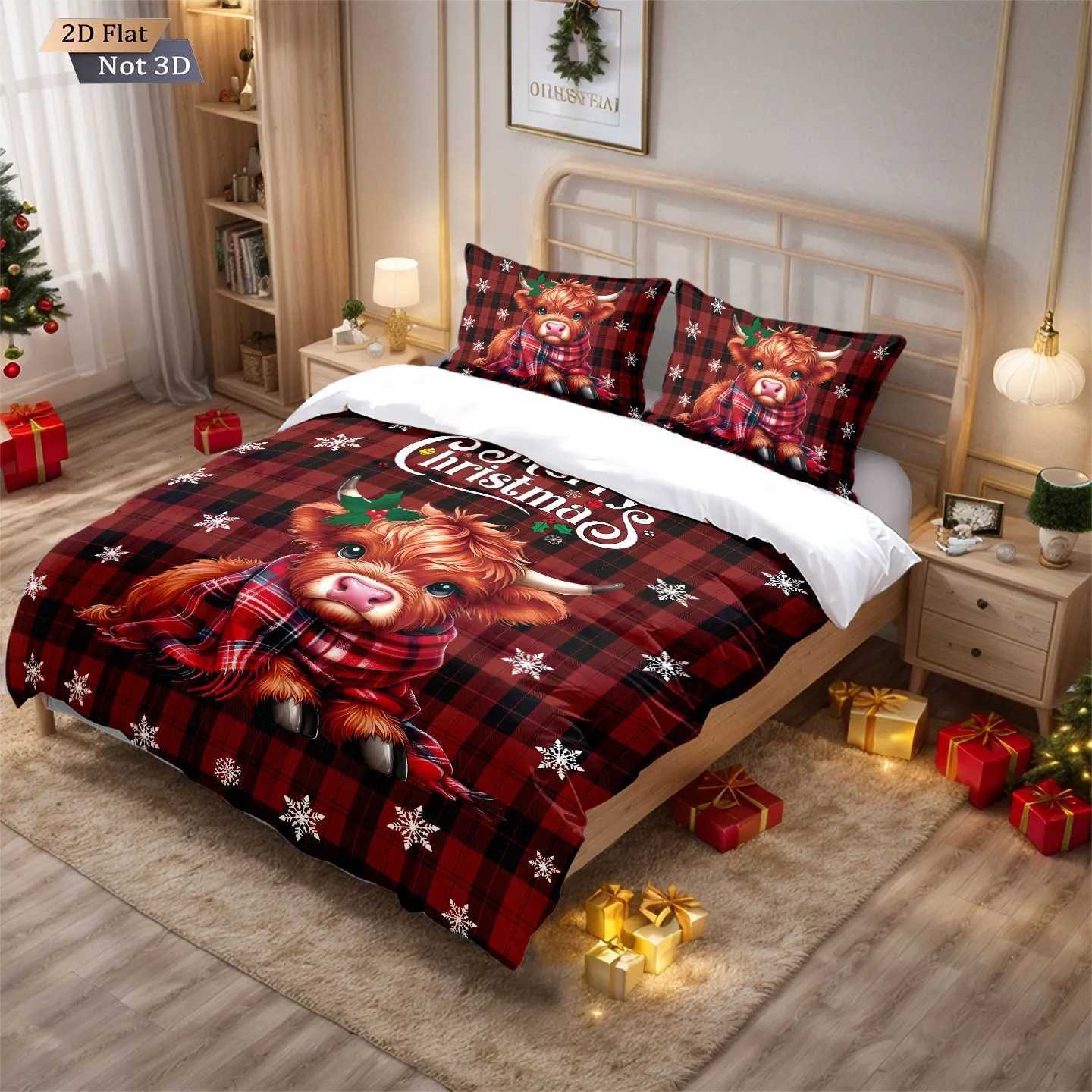3pcs Christmas highland cattle print coreless quilt set multi size bedroom dormitory bedding decoration soft machine washableM251118
