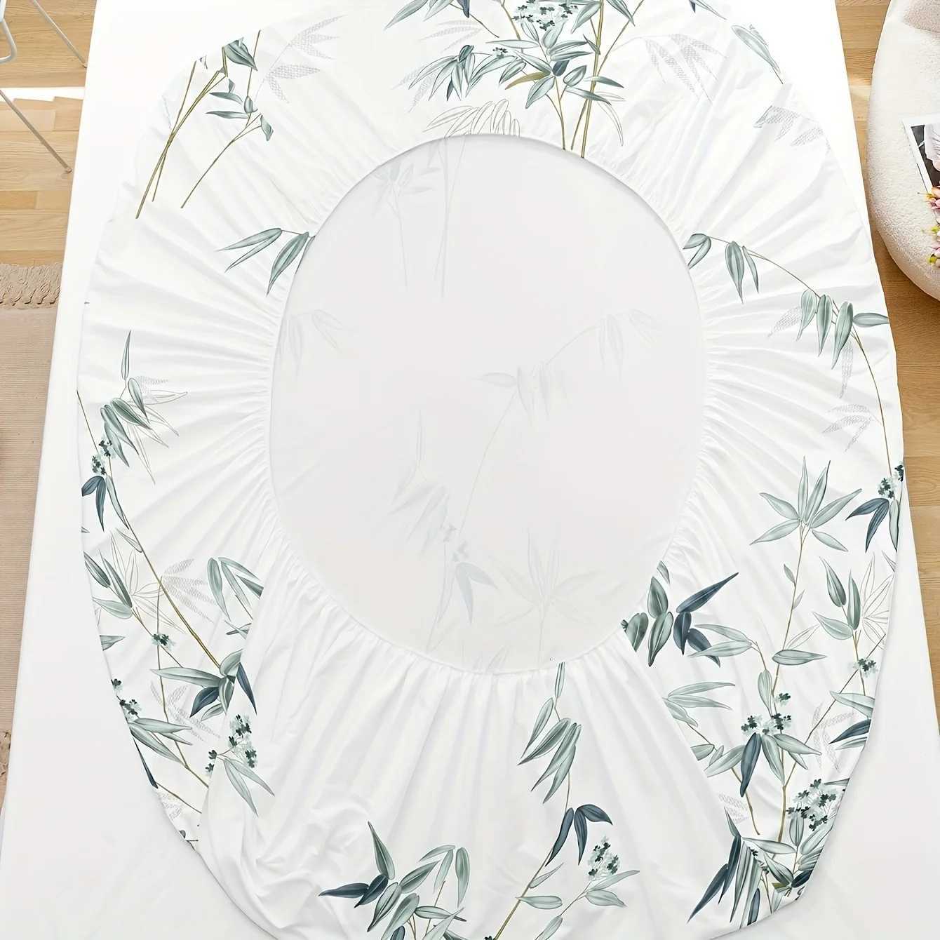 3pcs Bamboo Leaf Print Fitted Sheet Set - Soft Breathable Comfortable Hypoallergenic Bedding for Bedroom Guest Room - 1 FittM251118