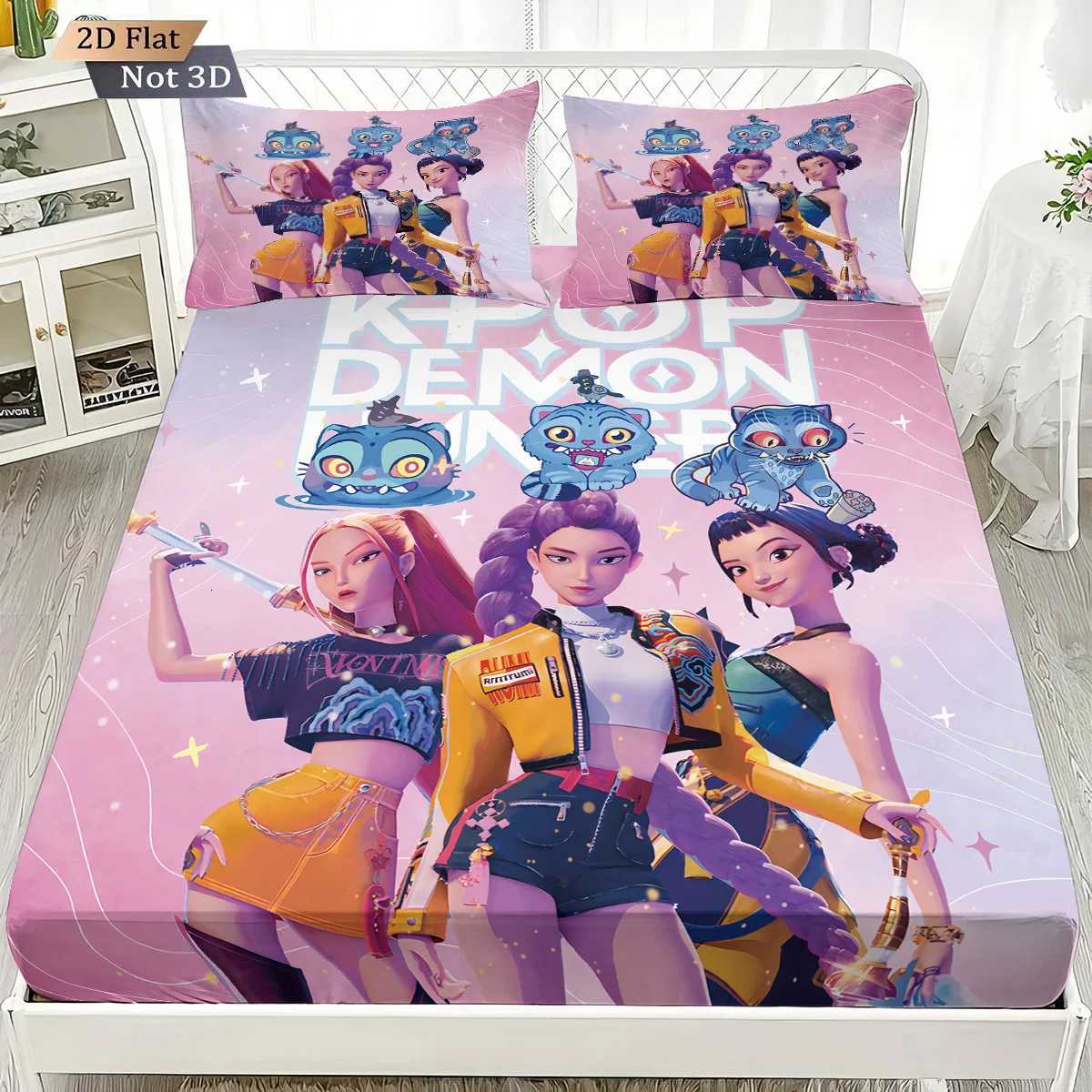 3pcs K-Pop Demon Hunters Printed Chipless Bed Sheet Set Multi Size Soft Bed Cover Bedroom Bedding Decoration Machine WashableM251118