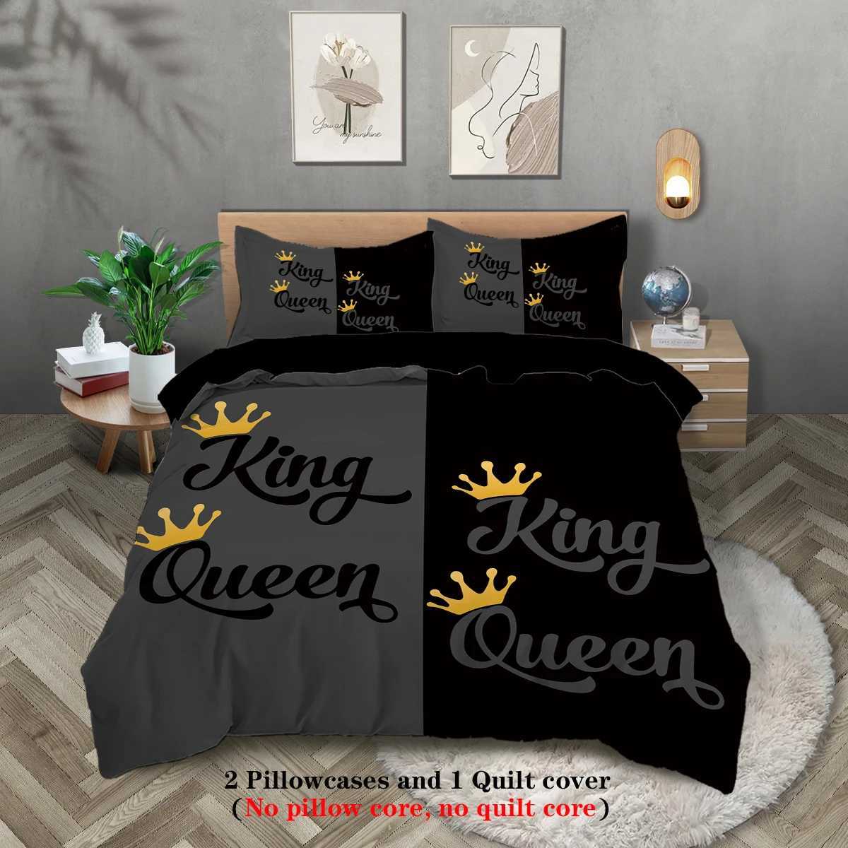 3-piece Couple Black Grey King Queen Pattern Printed Down Duvet Cover 1 piece set2 cases no core Couple Bedding SetM251118
