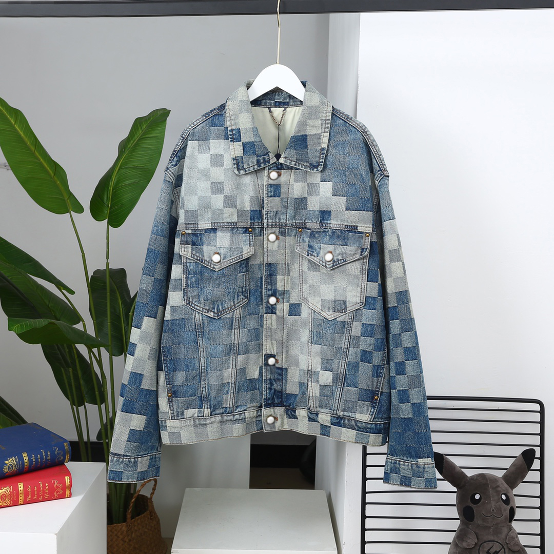 Fashionable Designer Patchwork Plaid Patterned Jeans Trucker Coat with Alphabet Badges