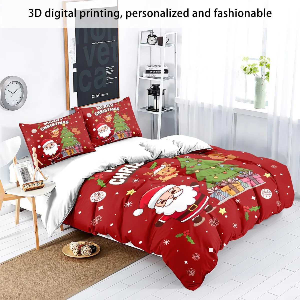 3pcs Santa Claus Christmas Tree Print Coreless Duvet Set Bedroom Dormitory Bedding Decoration Comfortable Machine WashableM251118