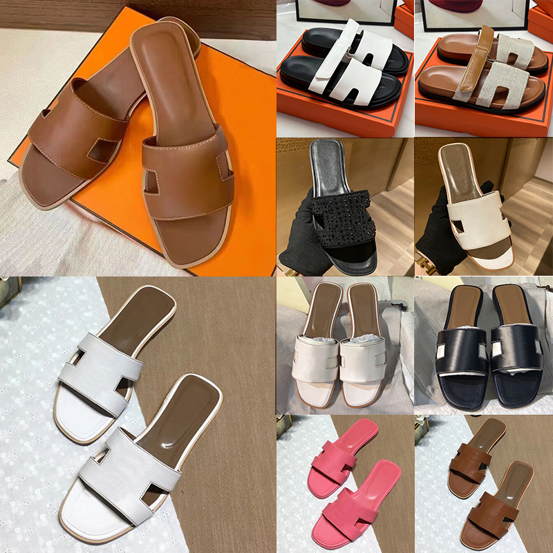 Free shipping designer slippers with box for women classic black white brown leather womens sandals luxury ladies slides