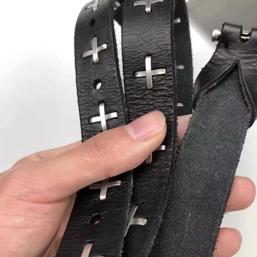 Punk Genuine Leather Belt Ma style cross black belt retro dark hip-hop high street hedi divine needle buckle leather belt 250418