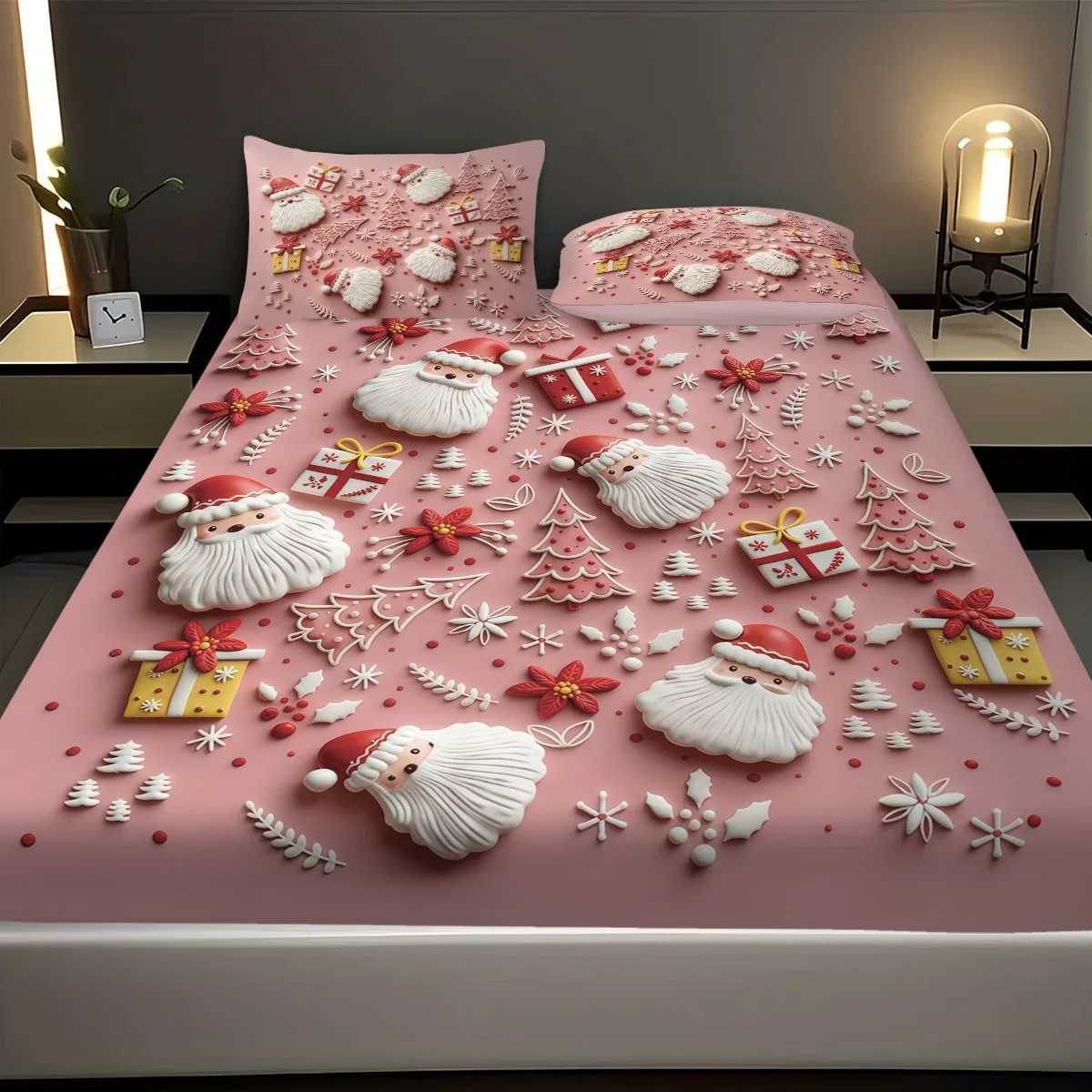 3pcs Pink Santa Claus Printed Chipless Bed Sheet Set Multi Size Soft Bed Cover Bedroom Bedding Decoration Machine WashableM251118