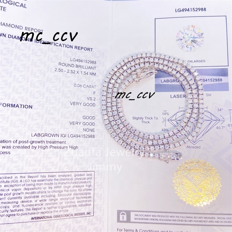 IGI Certificates Lab Grown Diamond HPHT VS-SI 10K Gold About 2mm 2.5mm Tennis Chain Necklace
