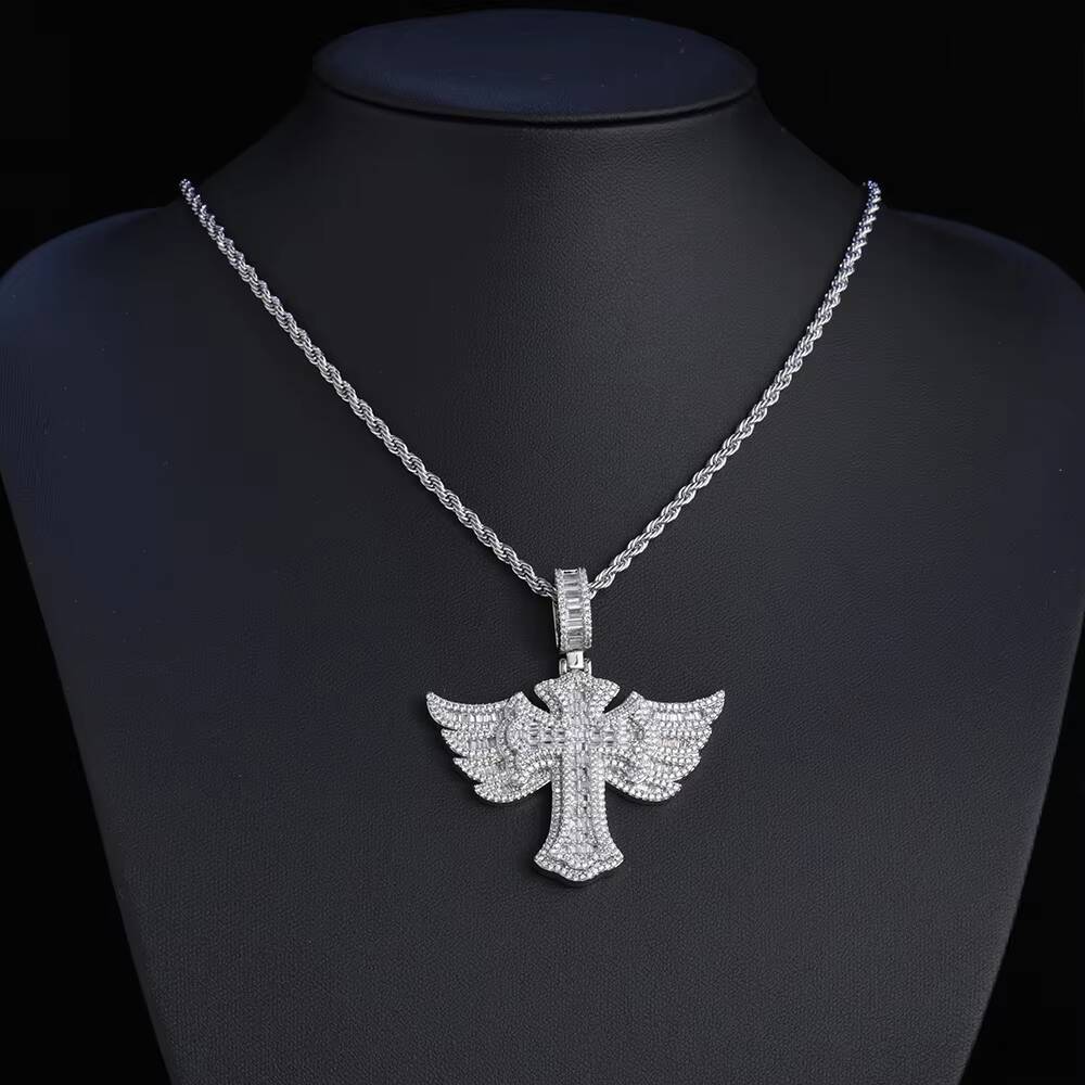 Laboratory cultivation of Moissanite Iced Out Full Diamond Cross Pendant Gold Silver Micro Pave Baguetter Angel Wings Cross Pendant for Hip Hop Men Wo