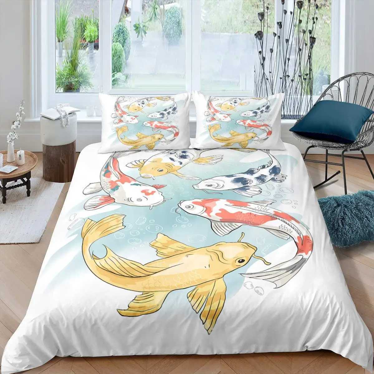 Koi Fish Duvet Cover Set King Queen Size Lucky Fish Flowers Colourful 3D Print Comforter Cover For Kids Polyester Bedding SetM251118