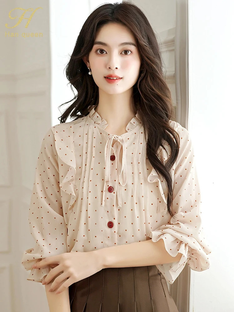 H Han Queen 2025 French Style Womens Top Chiffon Spring Chic Polka dot Shirt Long Sleeve Shirt Retro Casual Blouses 250417
