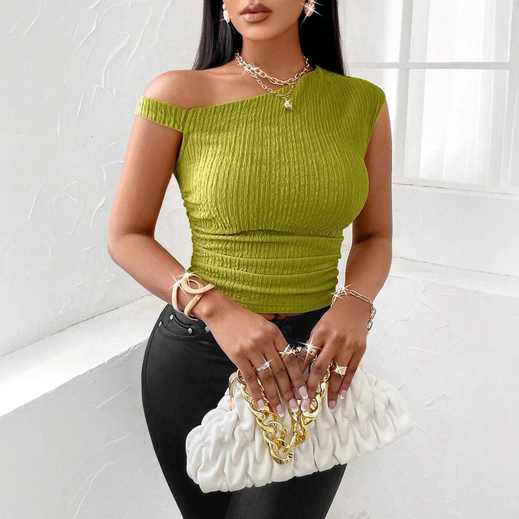 2025 summer solid color asymmetrical collar off shoulder slim fit pleated top for women