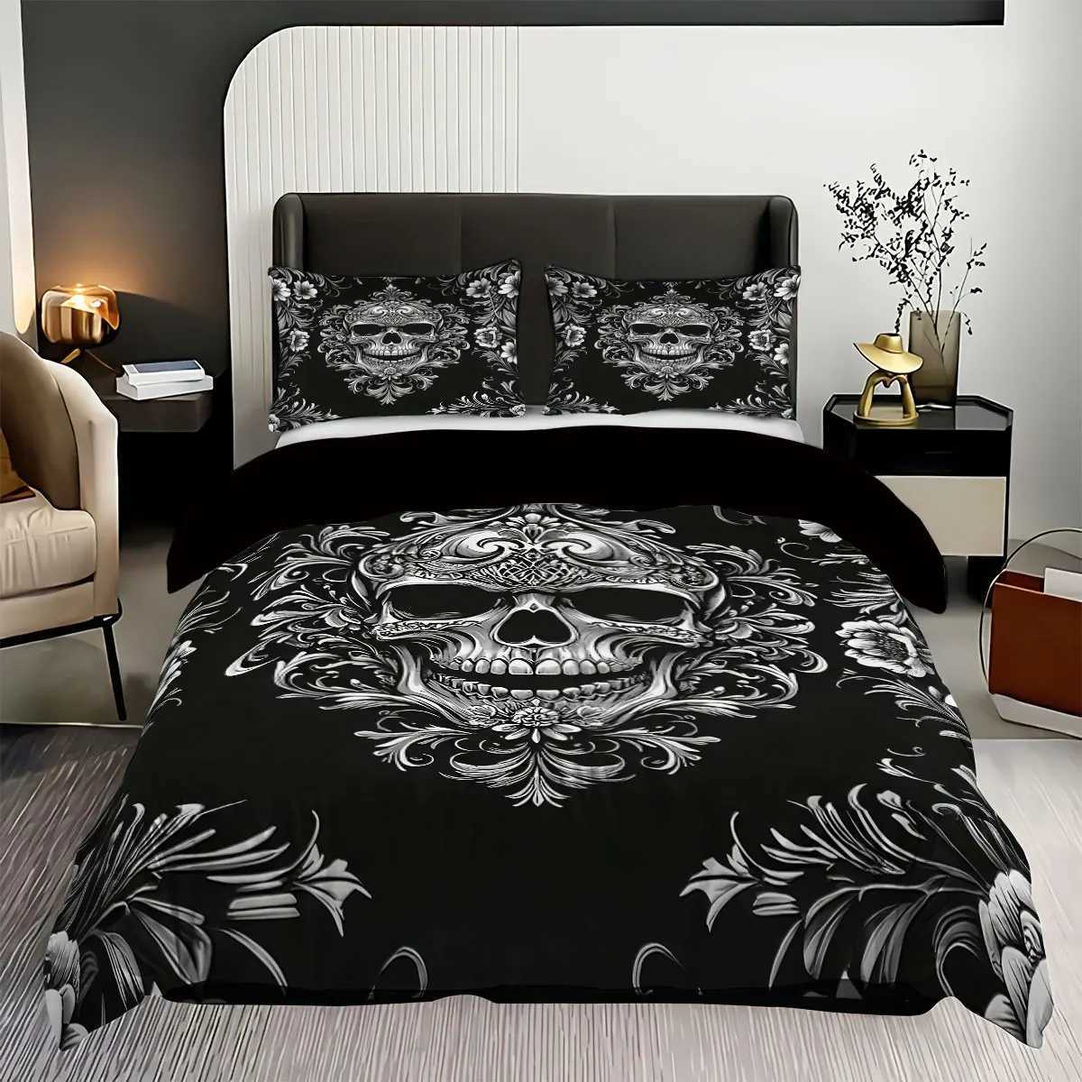3PCS Black and White Skeleton Victorian Baroque Gothic Retro Duvet Set 1 Duvet Set2 cases without CoreM251118
