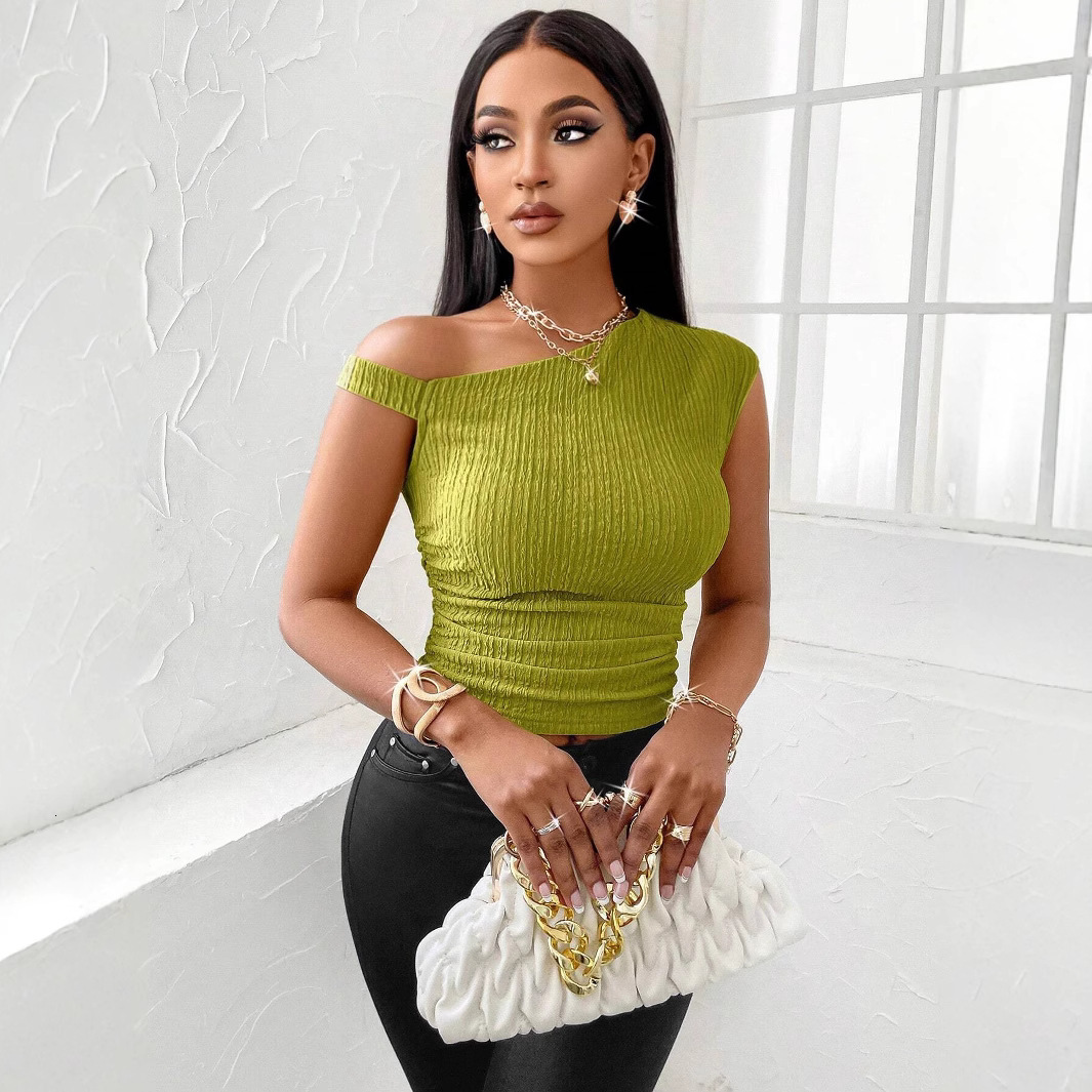 2025 summer solid color asymmetrical collar off shoulder slim fit pleated top for women
