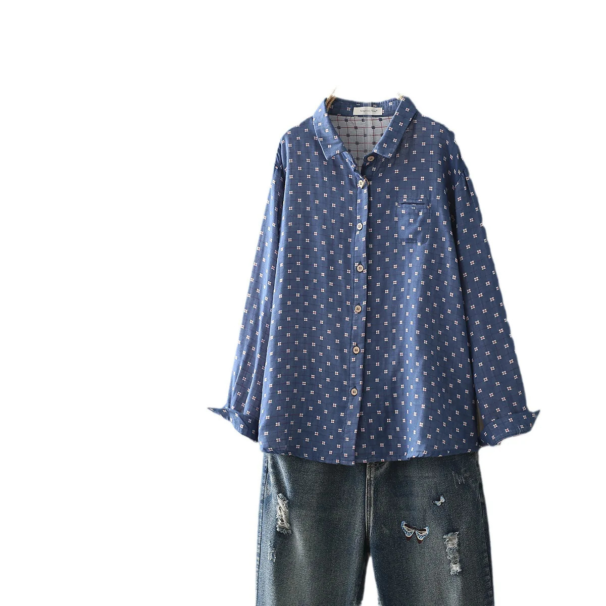 Autumn Two Layer Cotton Yarn White Shirts Women Dot Print Tops Long Sleeve Pocket Loose Casual Blouses Spring T38513JM 250417