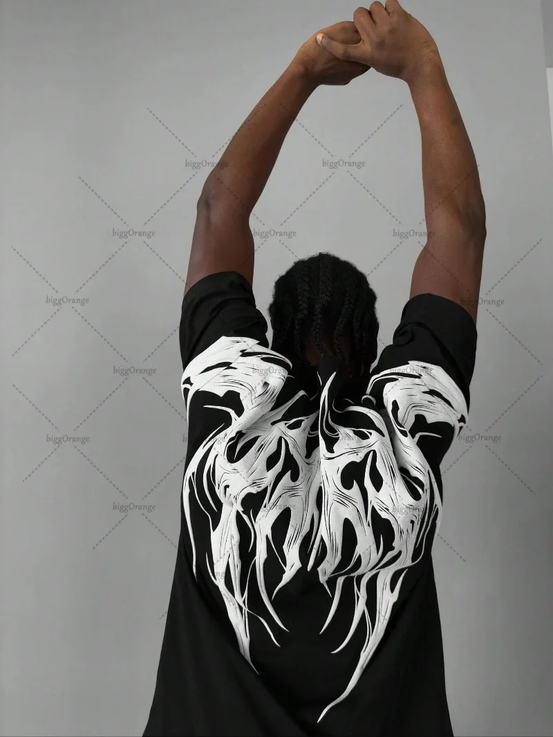 High Street Harajuku Streetwear American Retro Hip Hop Casual Oversized T-shirt Gothic Punk Graphic Top Men Summer Pure Cotton 250417