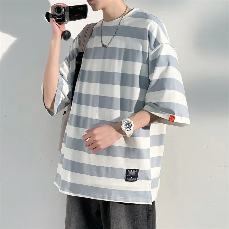 Mens pure cotton Tshirt striped mens oversized with split hem fashionable casual wear summer 5XL large 250408Z