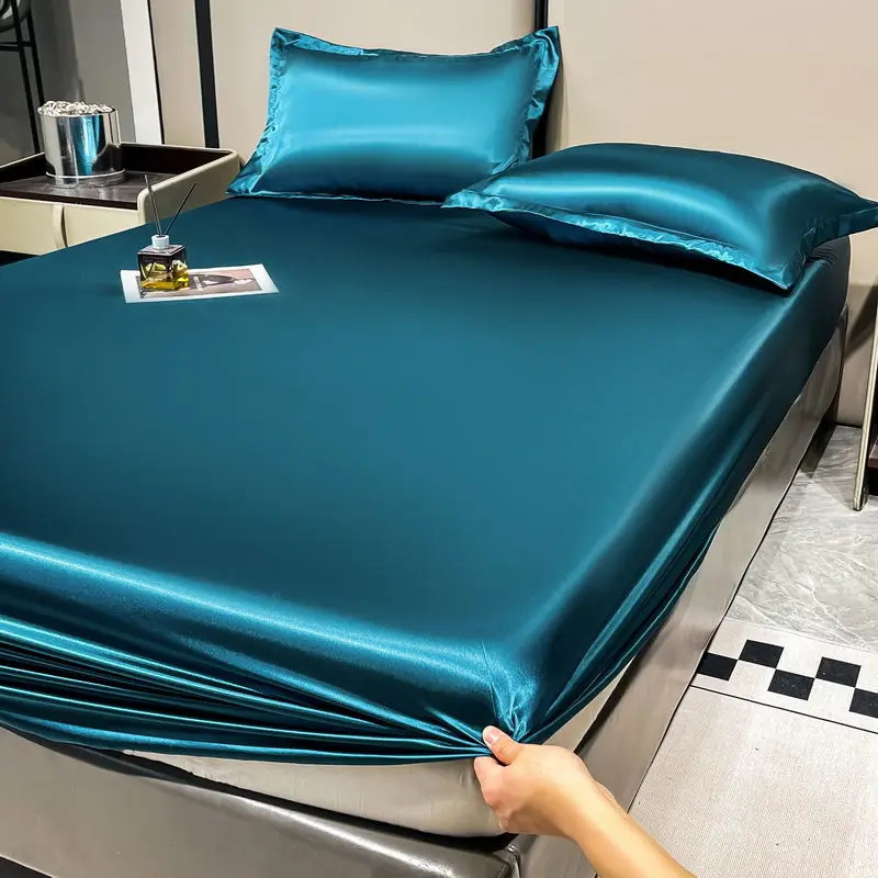 WOSTAR satin rayon elastic fitted sheet kit mattress cover summer silky bedspread couple double bed bedsheet king size 90 250417