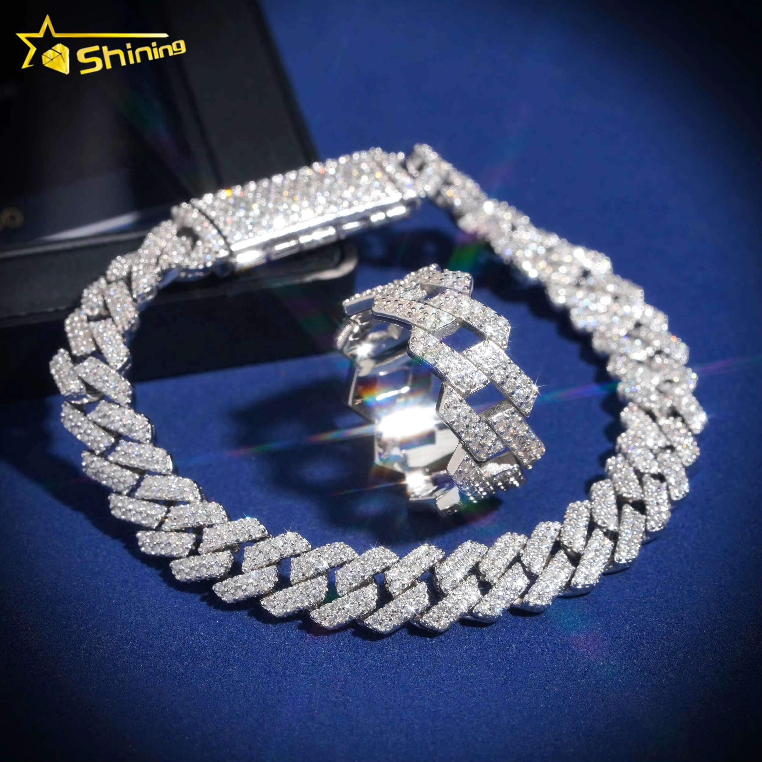 8mm Pass Dia Tester Sterling Sier Full Vvs Moissanite Iced Out Link Bangle Bracelet for Men with Cuban Ring