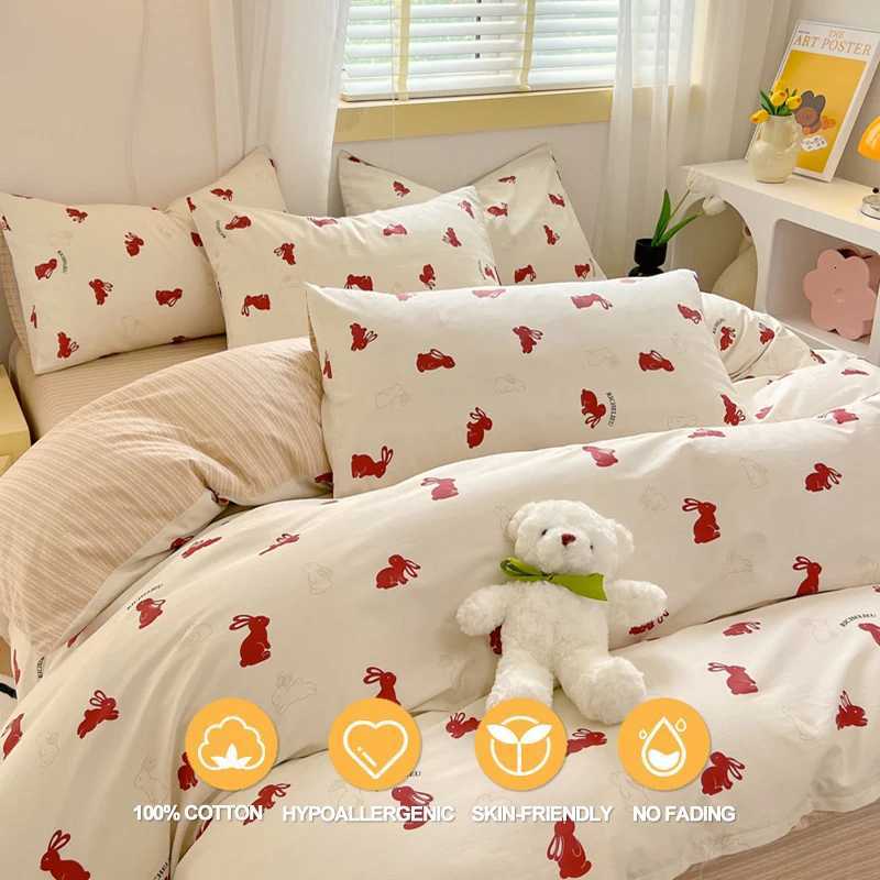 100 Cotton Duvet Cover Set Bedding Set- Red Bunny Striped Design Duvet Cover with 2 cases Soft Breathable BeddingM251118