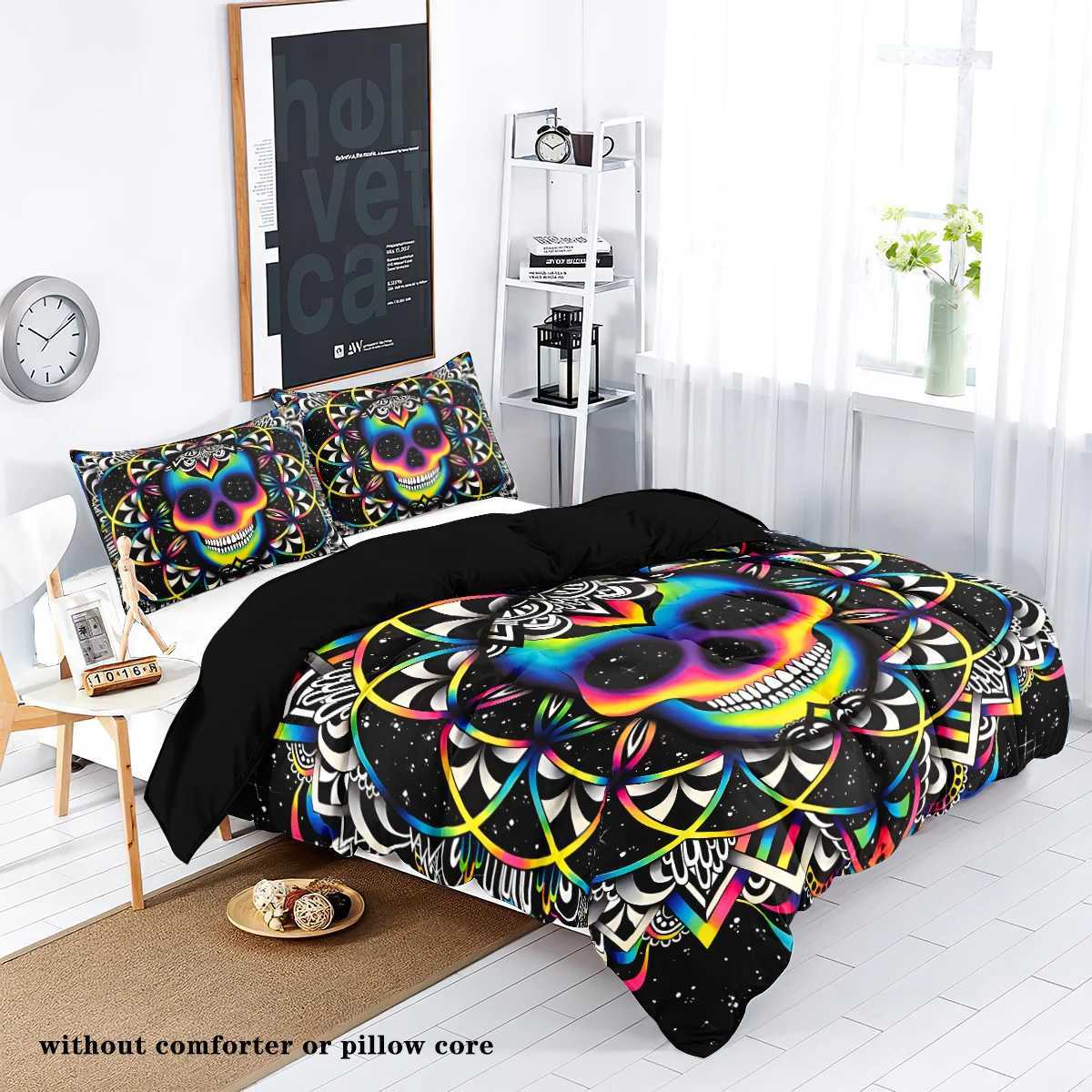 3-piece down duvet cover set with skull flower pattern print 1 duvet cover2 cases no core Halloween themed bedding setM251118