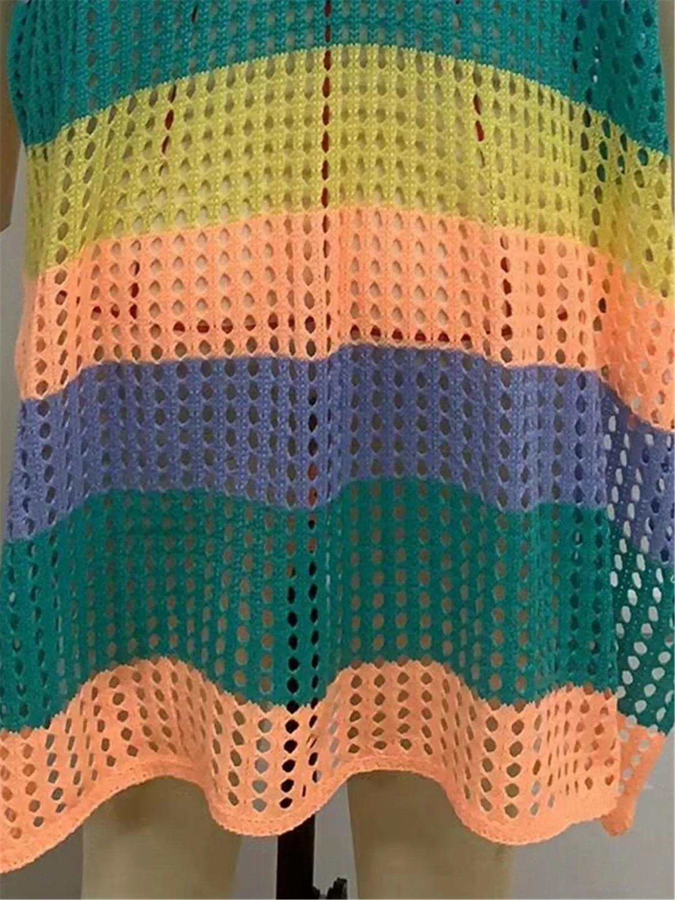 2024 Knitted Beach Wear Womens Summer Corchet Swimsuit Cover Striped Sun Skirt Vneck Split Green 250415Z