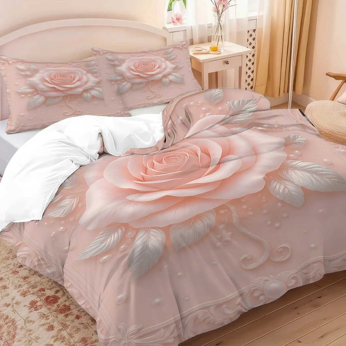 3pc Imitation 3D Pink Rose Print Coreless Bedding Set Soft and Comfortable Bedroom Dormitory Multiple Sizes Machine WashableM251118