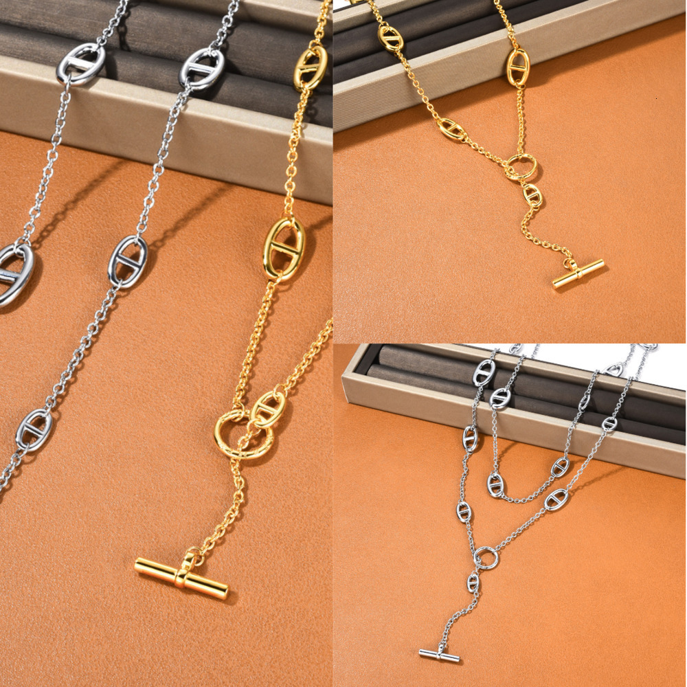 Pendant Necklaces long necklace titanium steel Sier Necklace double layered with OT button clavicle chain designer jewelry high sense overlapping wear choker