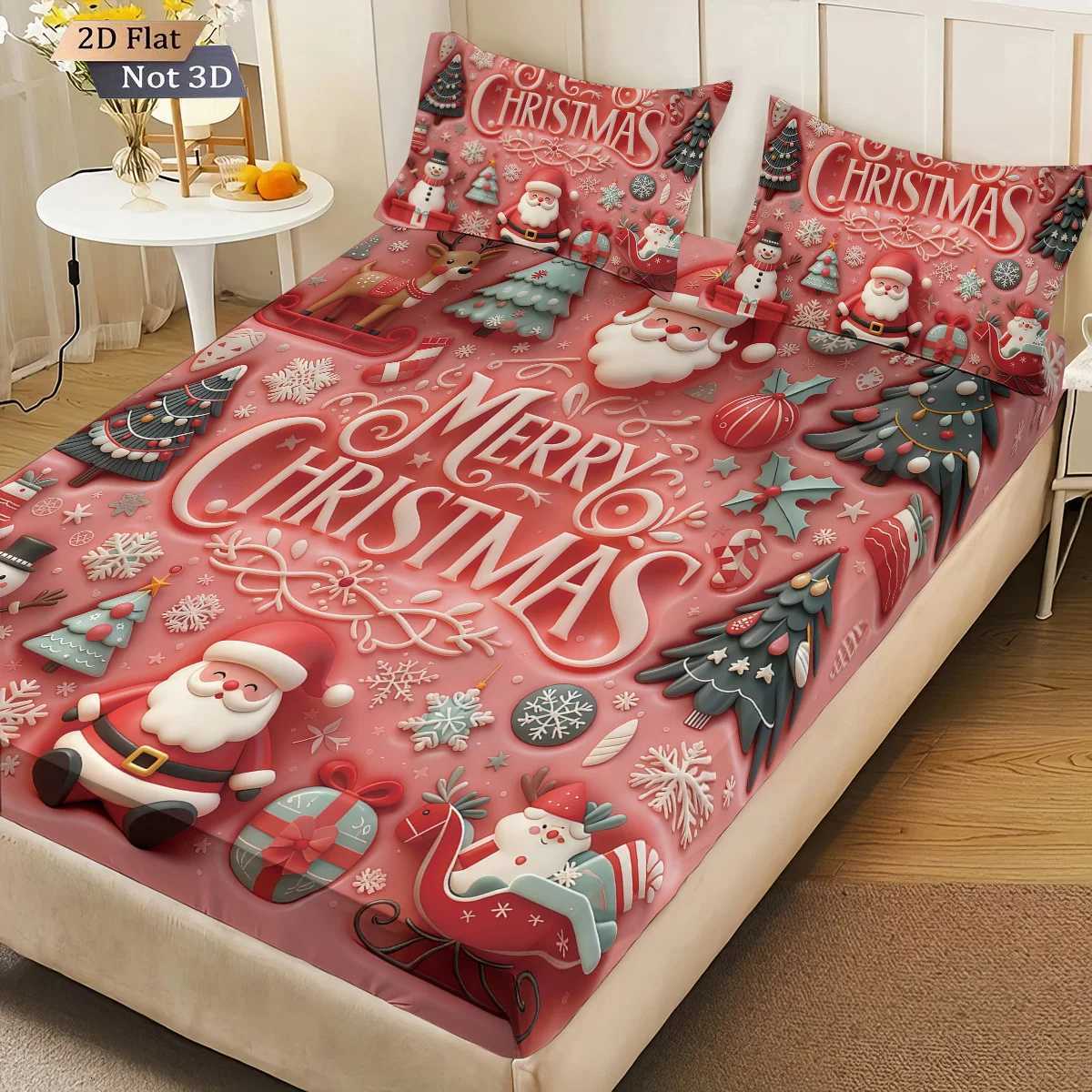 3pcs imitation pink Santa Claus print coreless bed sheet set MUltiple size bed cover bedroom bedding decorationM251118