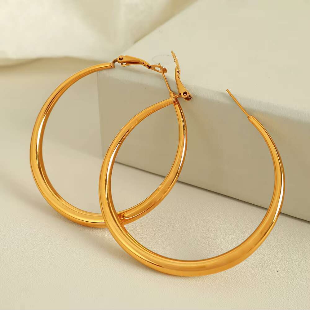 DHcollection Oudiya Jewelry EH02 Thick Large Gold Plated Earrings, New Plain Round Earrings