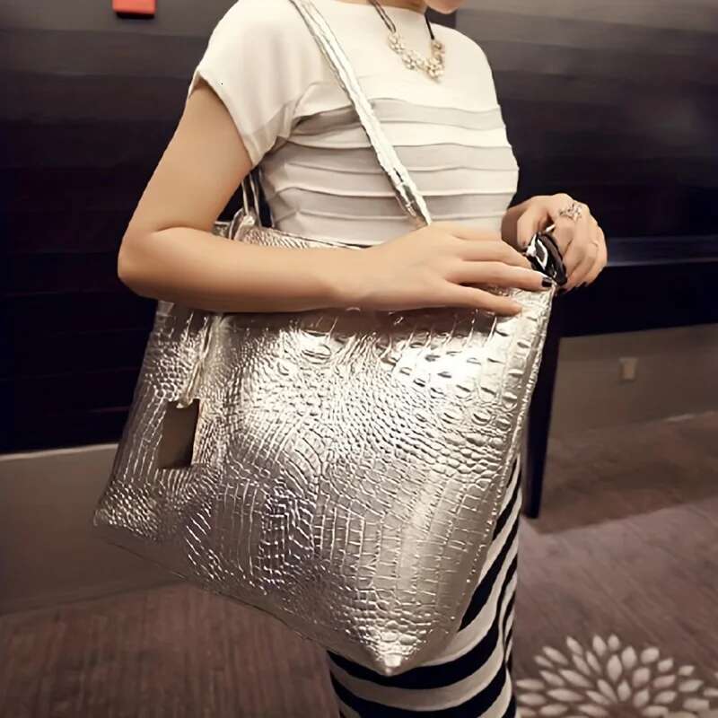 Fashion Large Capacity Crocodile Women Shoulder Pu Leather Lady Handbags Sier Gold Hand Bags Big Tote Bag