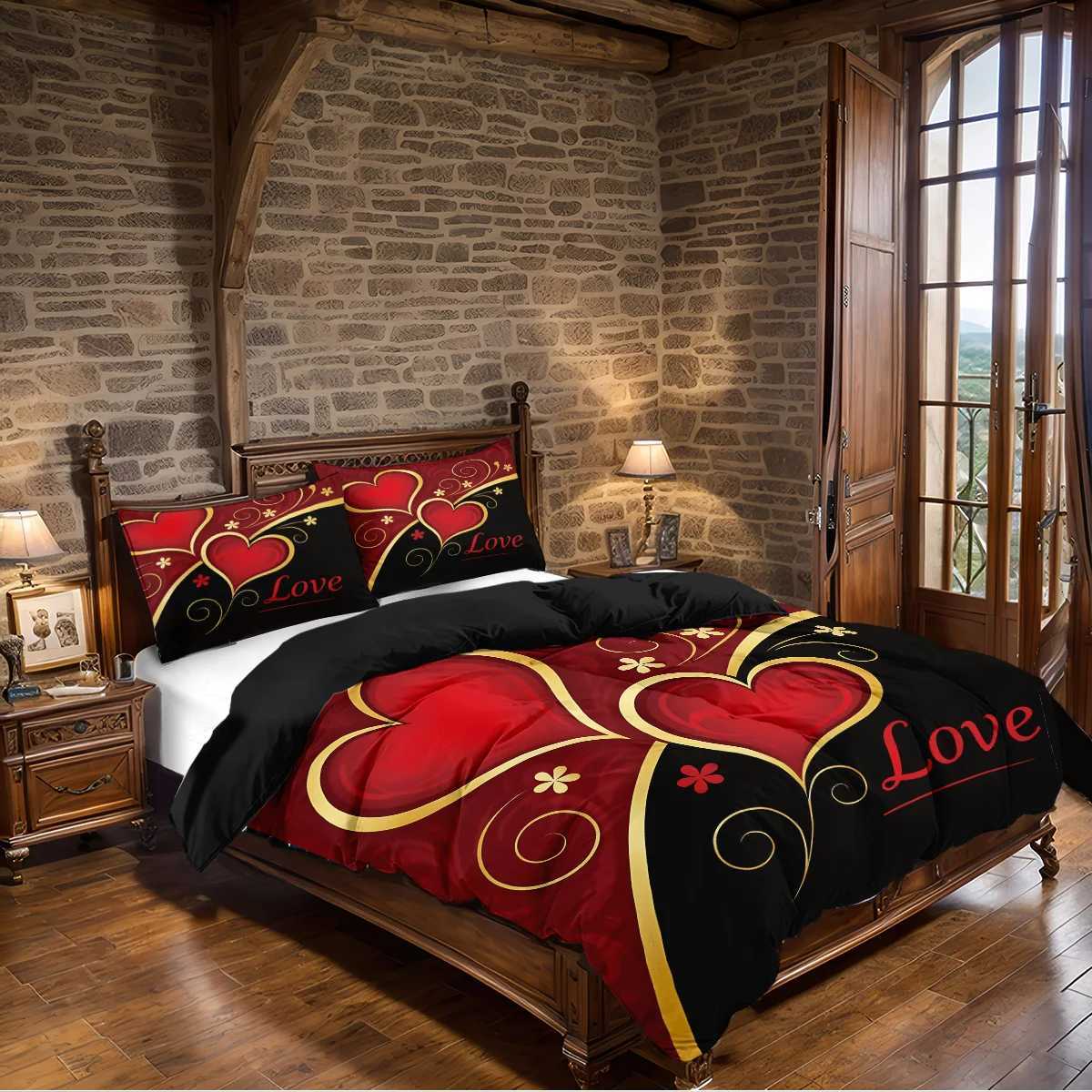 3pcs 1 duvet cover 2 cases coreless black and red Valentines Day heart Love design printed pattern bedding setM251118