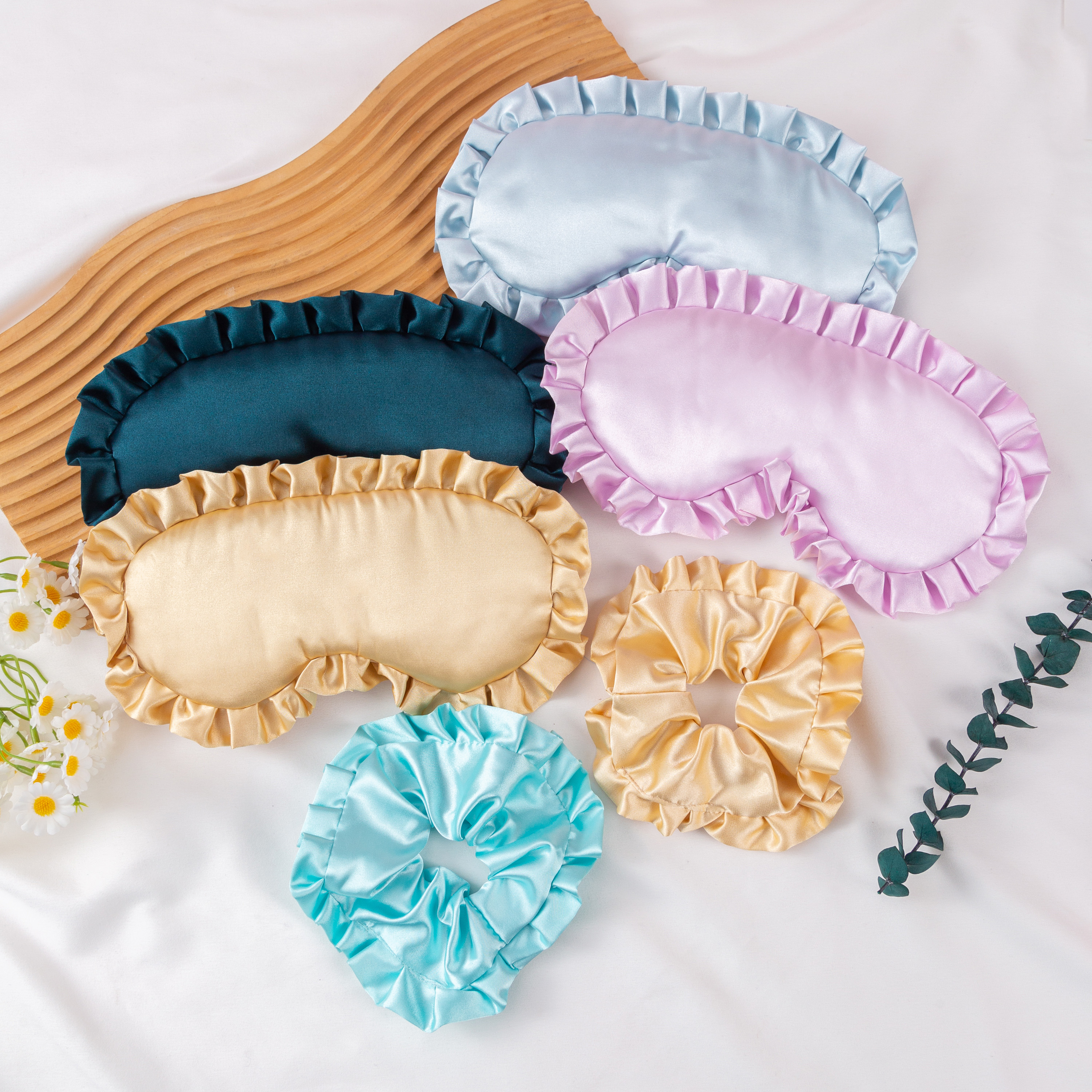 Silk-like lace eye mask and hair tie 2-piece set, lotus leaf edge, outdoor light-blocking sleep eye mask, fresh and clean style