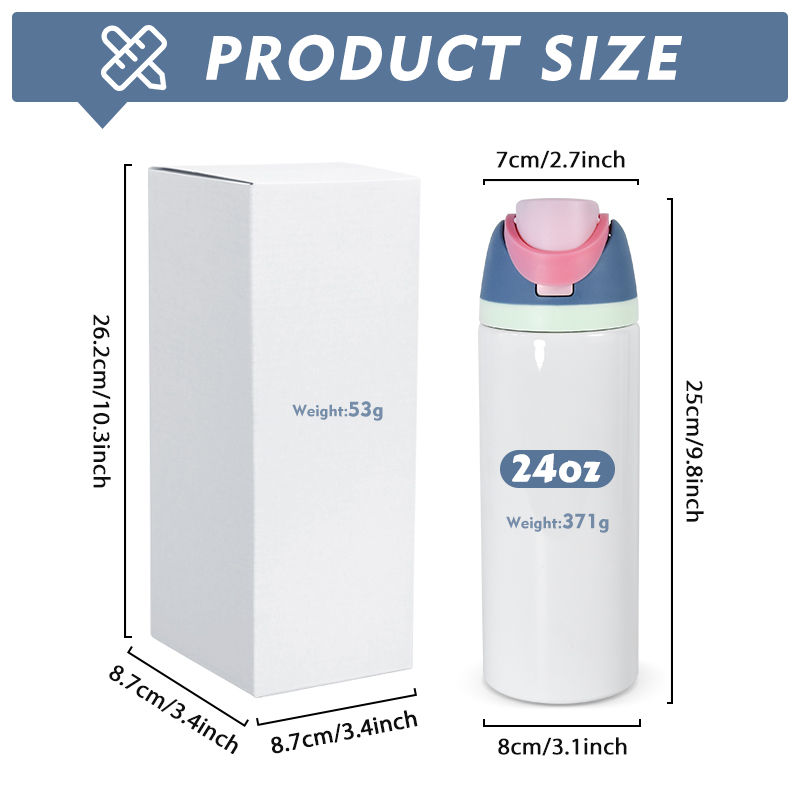 24oz sublimation white sports water bottle with colored lid straw double walls stainless steel vacuum insulated flask fruit drinking bottle A1