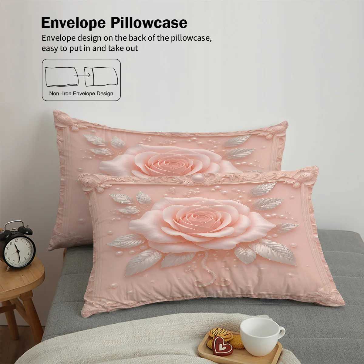 3pc Imitation 3D Pink Rose Print Coreless Bedding Set Soft and Comfortable Bedroom Dormitory Multiple Sizes Machine WashableM251118