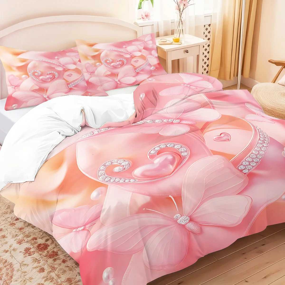 3pcs pink floral butterfly pattern duvet cover set 1 duvet cover2 cases coreless Soft and comfortable bedding setM251118