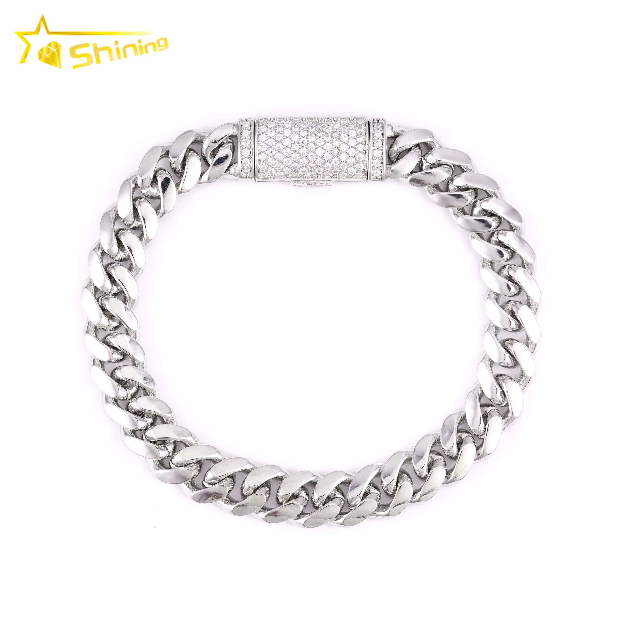 Wholesale 8MM Dia Moissanite Lock Hip Hop Sier Plain Miami Cuban Link Chain Bracelet