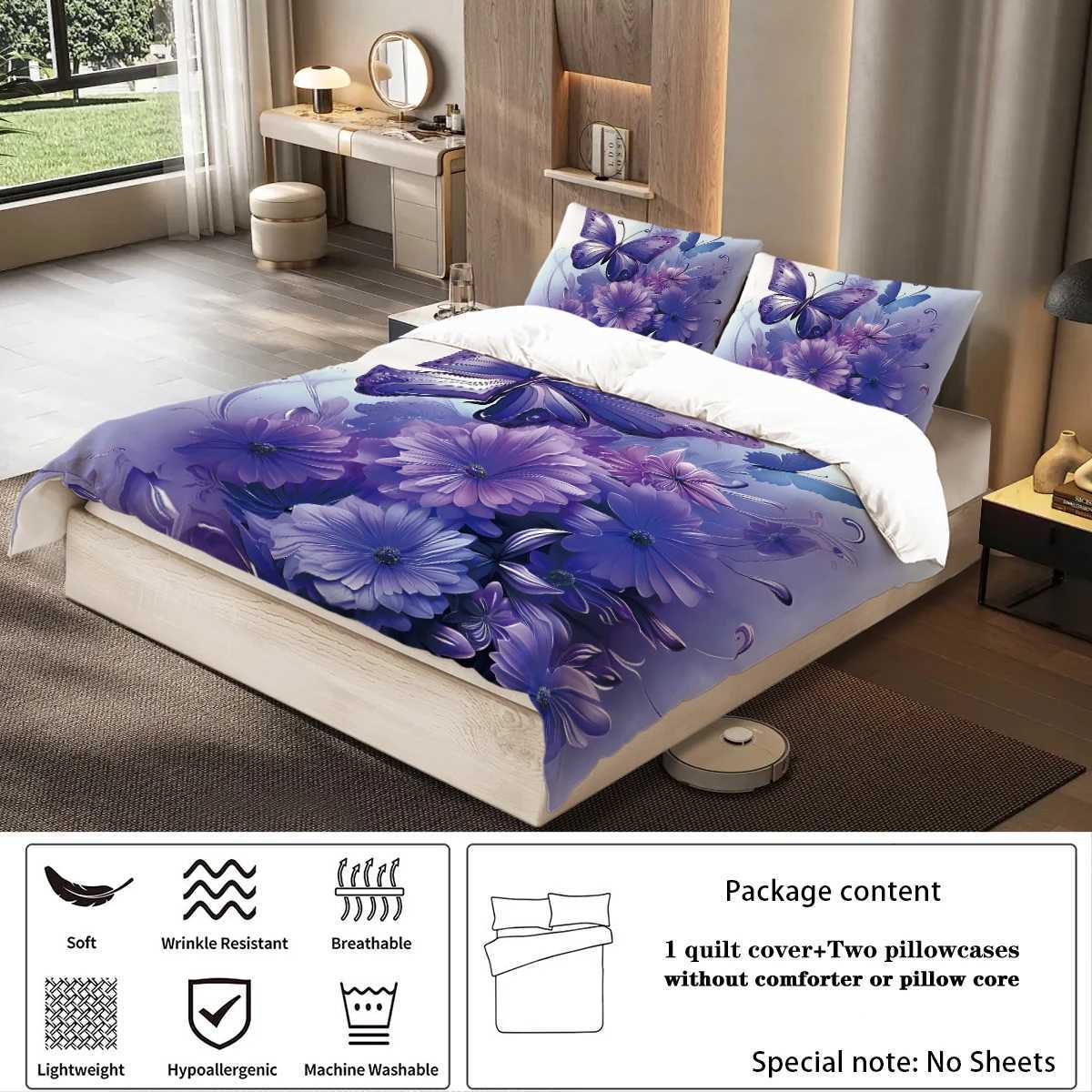 3pcs fashionable purple butterfly printed bedding set soft and comfortable for women bedroom queen king and twin bedM251118