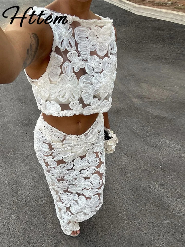 Sexy 3D Flower Crop Top Skirt Sets Women See Through Sleeveless Vest Slim Hip Package Skirts Suit 2025 Summer Lady Robe 250417