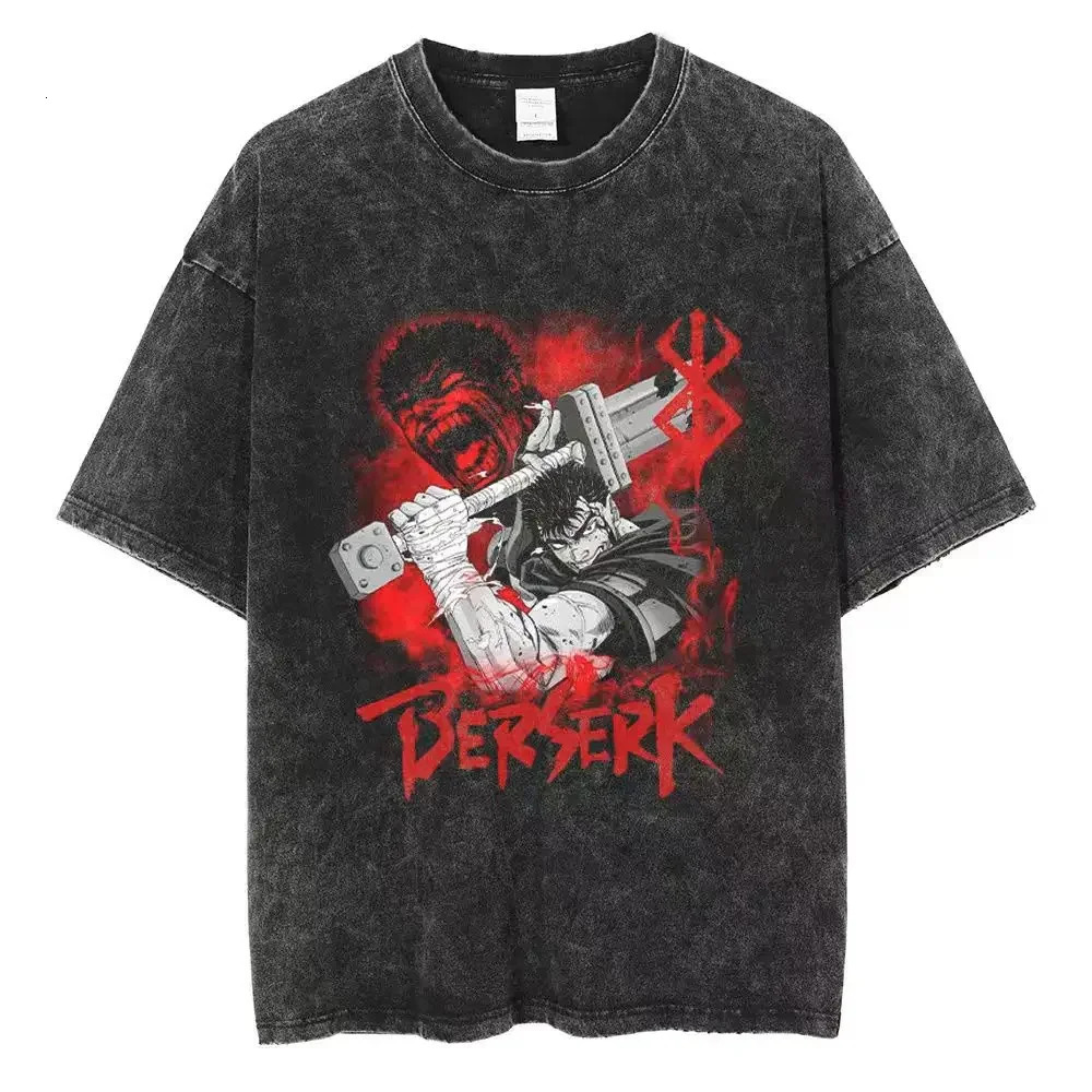 Washed Berserk cotton mens retro Japanese anime oversized shirt streetwear Harajuku summer short sleeved loose top 250408Z