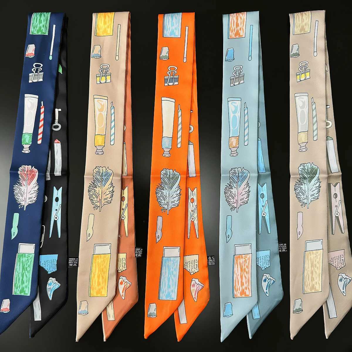 Cartoon Pattern Luxury Skinny Bag Scarves Twill Silk Scarf Women Fashion Scarf Brand Design Foulard Neckerchief Hair HeadbandXJ251118